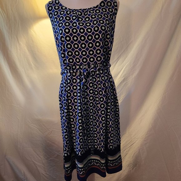 Talbots NWOT blue & white geometric pattern fit & flare dress, size XL - Picture 1 of 7